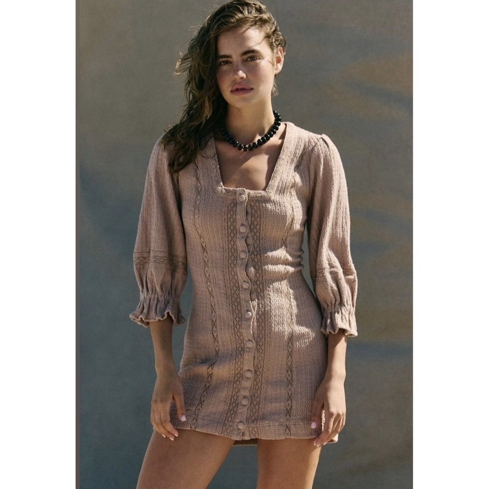 NWT Free People Jules Mini Dress Cocoa Mouse Size XS Boho Croche Balloon Sleeve